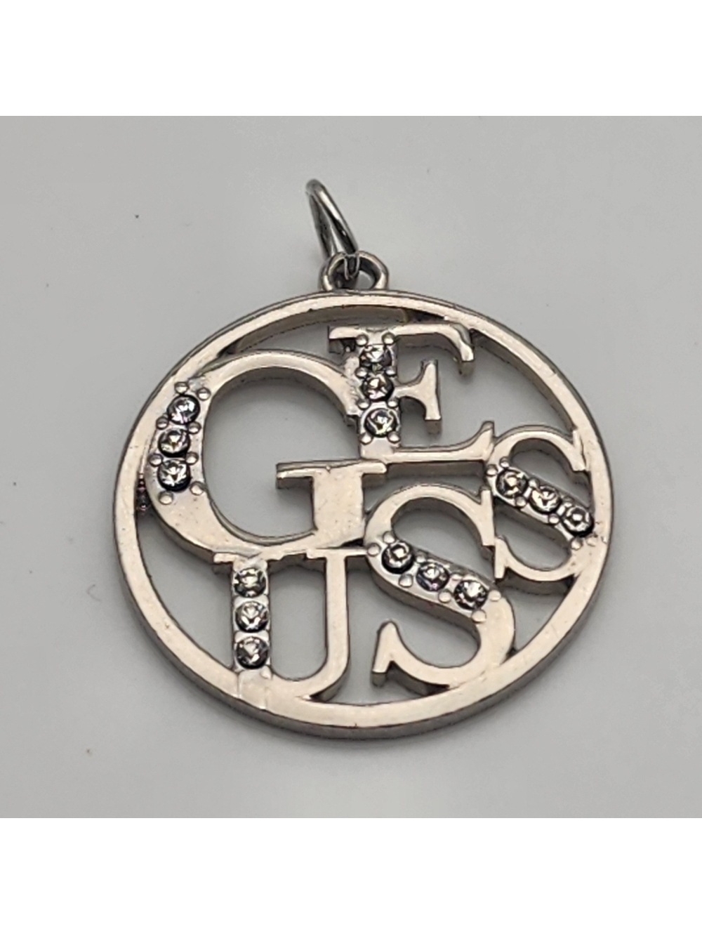 Guess Logo Round Silver Pendant with Rhinestones